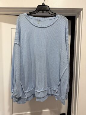 Oversized Relaxed Light Blue Waffle-Knit Women's Sweater